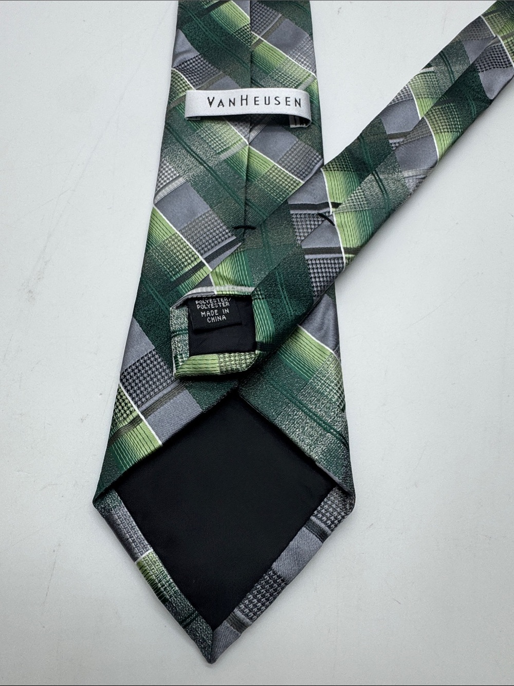 Van Heusen Green and Gray Plaid Silk-Feel Tie #0073